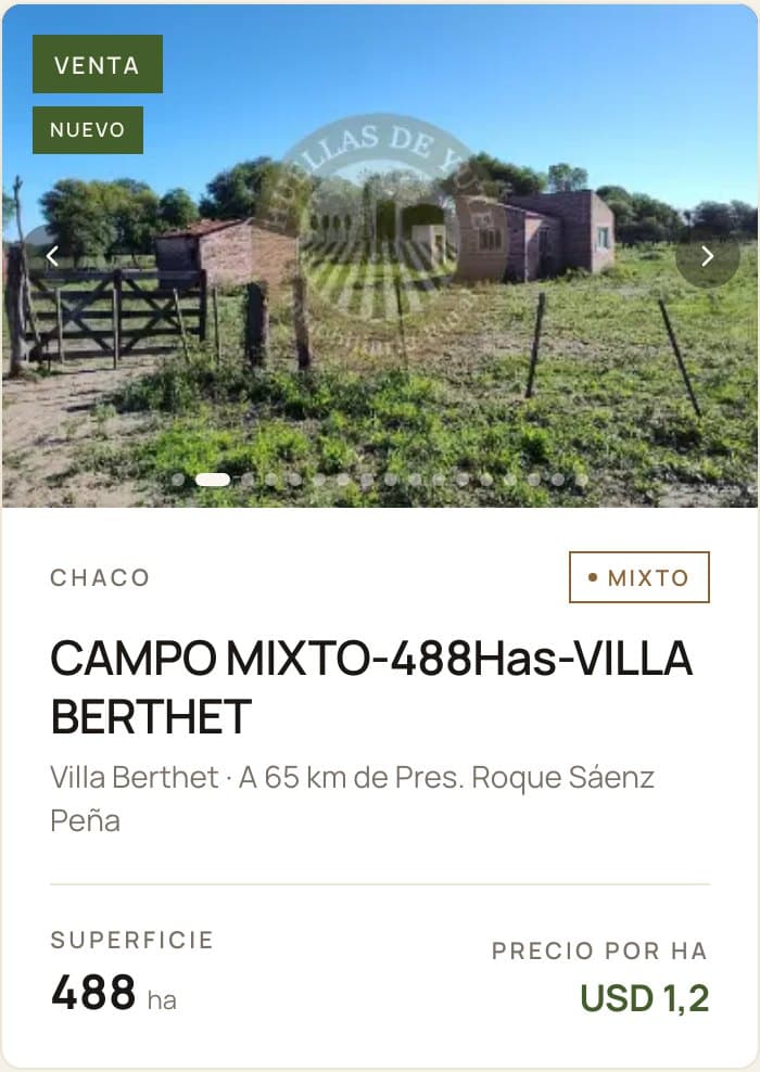 Ficha de un campo con ubicación, superficie y precio por hectárea, en el sitio de Huellas de Yute