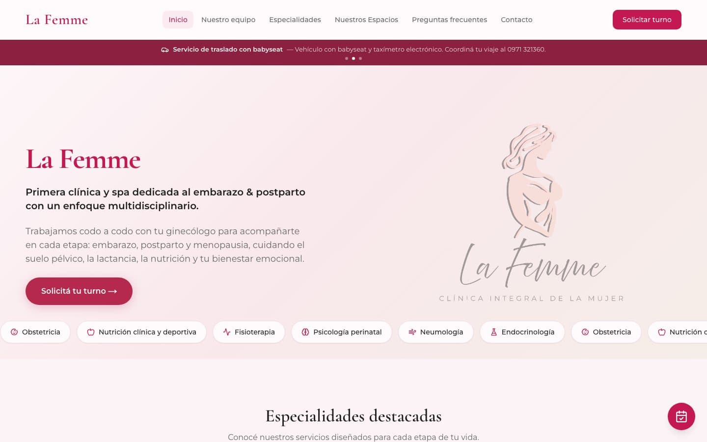 Inicio del sitio de La Femme, una clínica de salud de la mujer