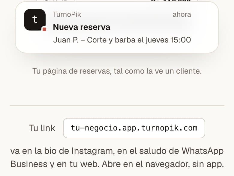 Aviso de una nueva reserva y el enlace de reservas que va en la bio de Instagram, en el sitio de TurnoPik