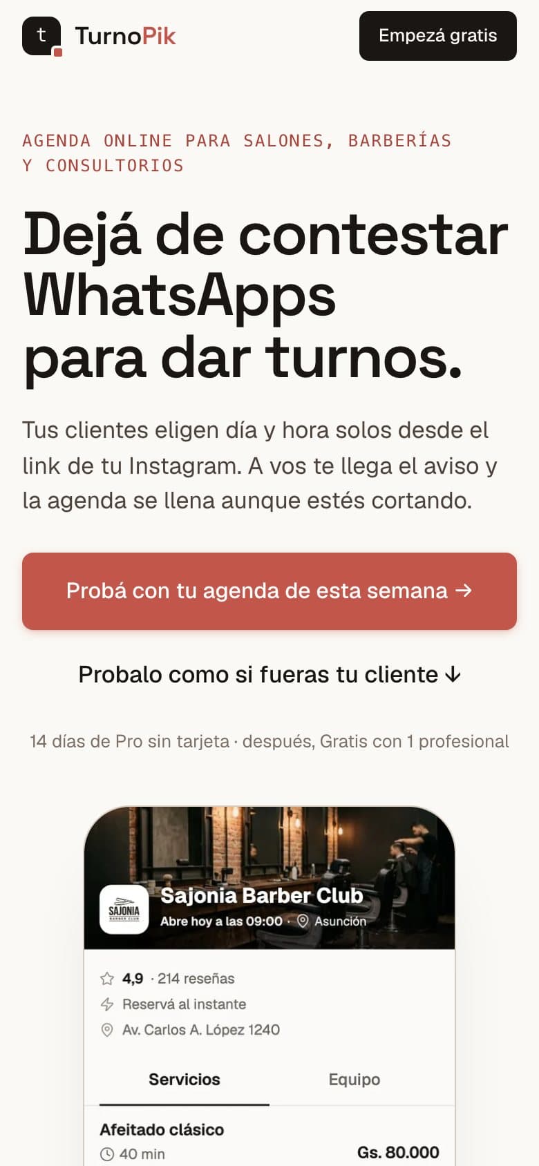 Página de reservas de TurnoPik en un teléfono